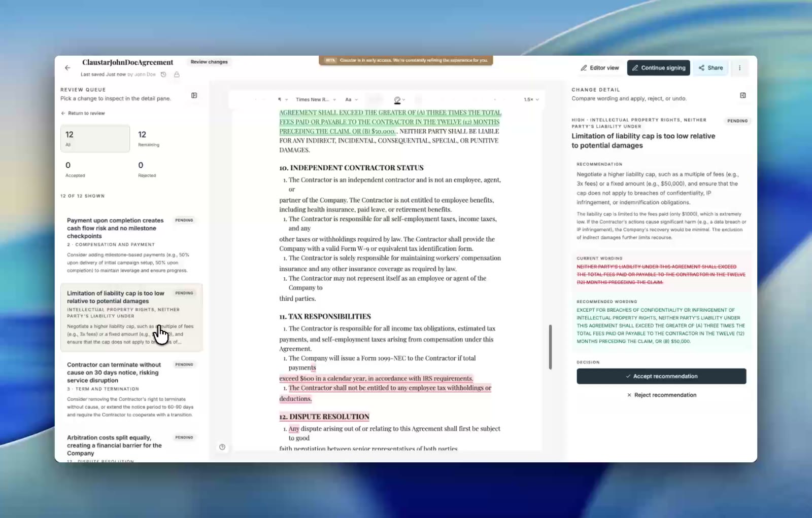 Claustar contract review and redline recommendations